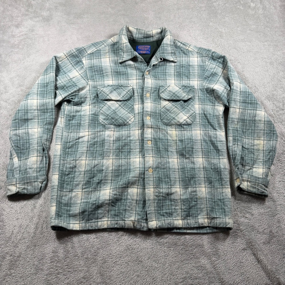 Pendleton Board Shirt Men Large Green Plaid Loop Collar Wool Flannel Long Sleeve